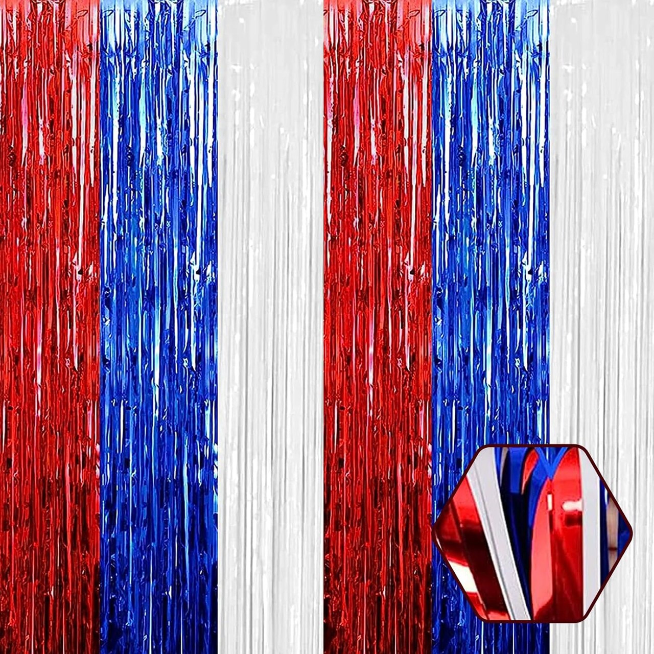 6 Pack White Blue Red Foil Fringe Curtain Backdrop, 3.28Ft x 6.6Ft Metallic Tinsel Foil Fringe Streamer Curtains